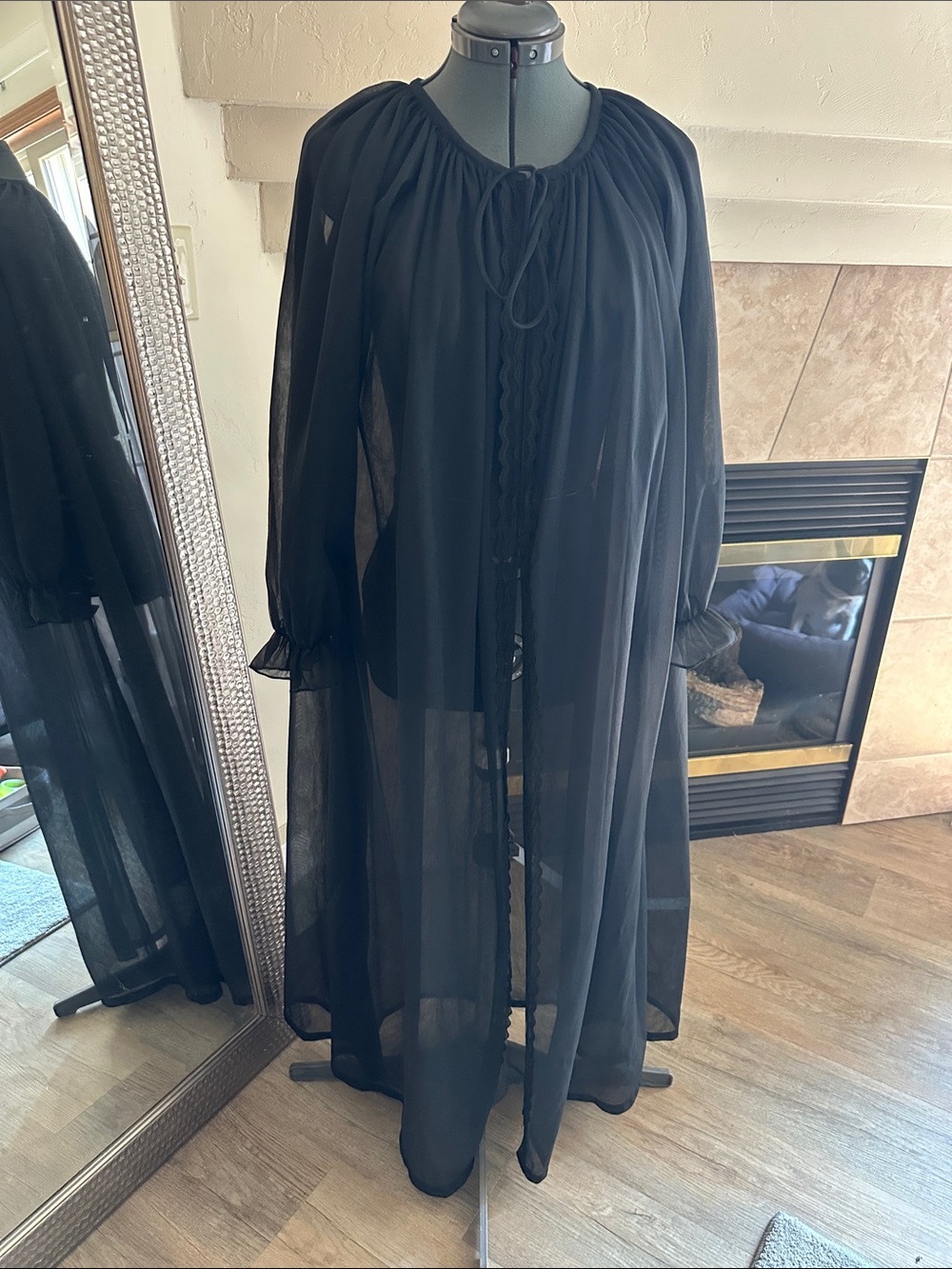 Vintage Sheer Black Long Robe with Tie Closure